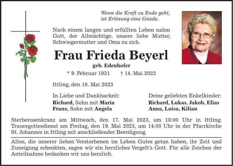 Traueranzeige Frieda Beyerl