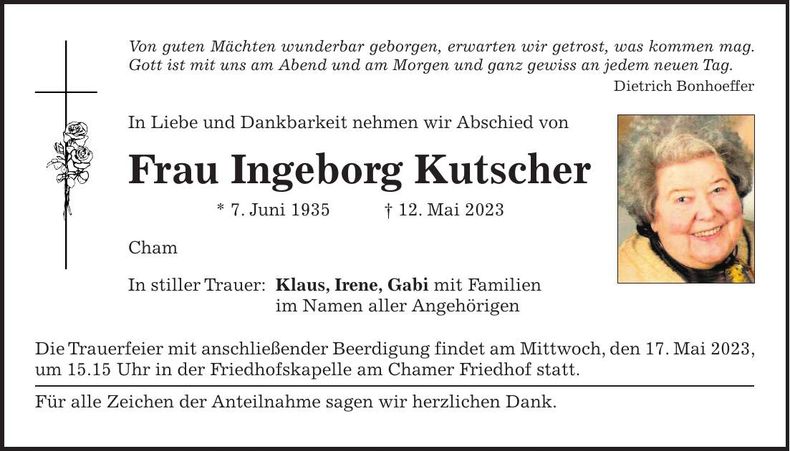 Traueranzeige Ingeborg Kutscher