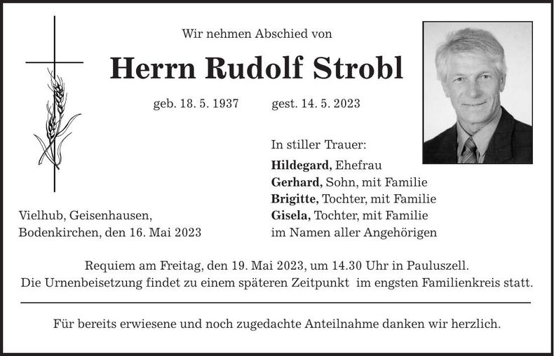 Traueranzeige Rudolf Strobl