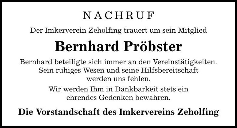 Traueranzeige Bernhard Pröbster