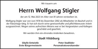 Traueranzeige Wolfgang Stigler