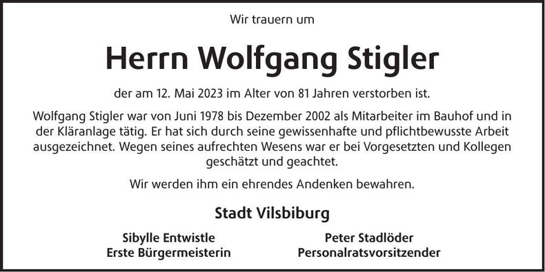 Traueranzeige Wolfgang Stigler