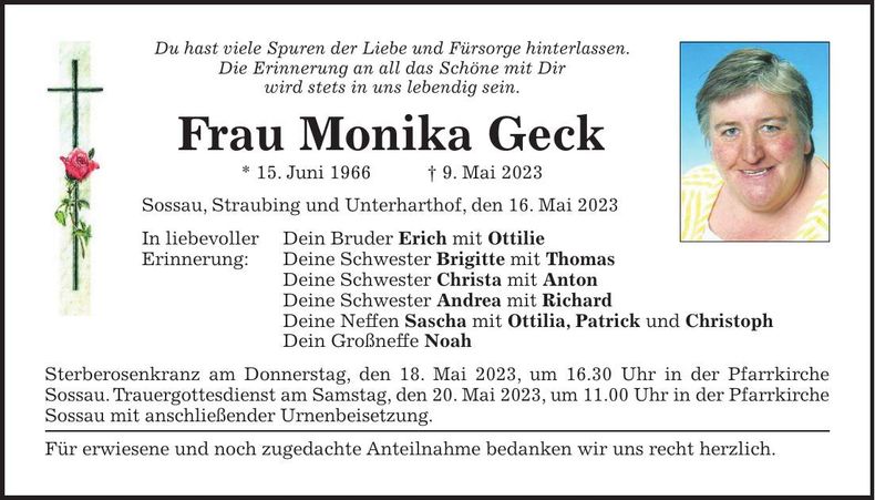 Traueranzeige Monika Geck