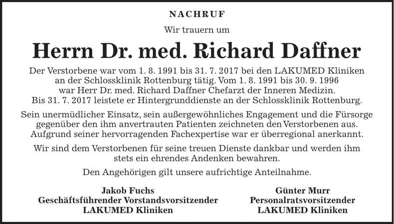 Traueranzeige Richard Daffner