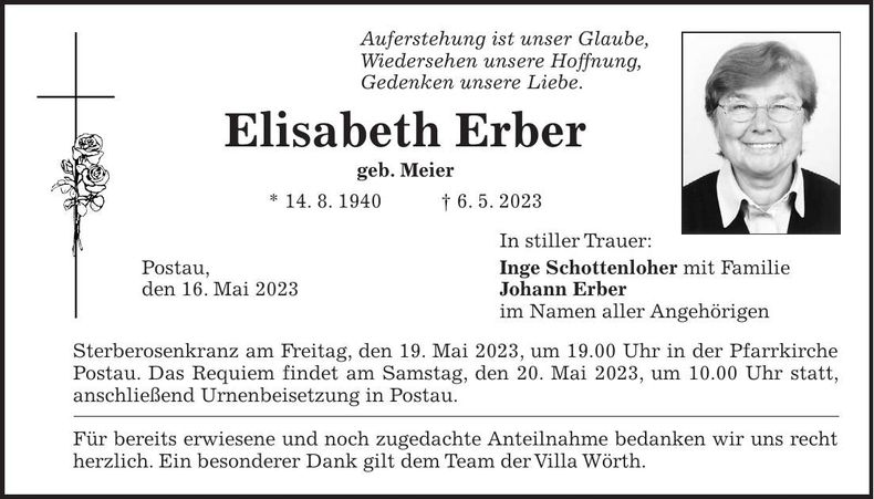 Traueranzeige Elisabeth Erber