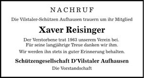 Traueranzeige Xaver Reisinger