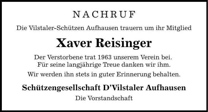 Traueranzeige Xaver Reisinger