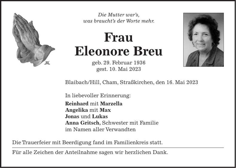 Traueranzeige Eleonore Breu