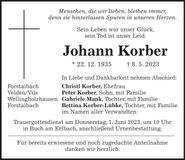 Traueranzeige Johann Korber