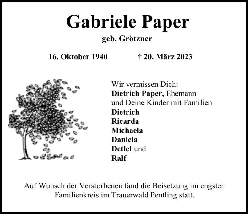 Traueranzeige Gabriele Paper