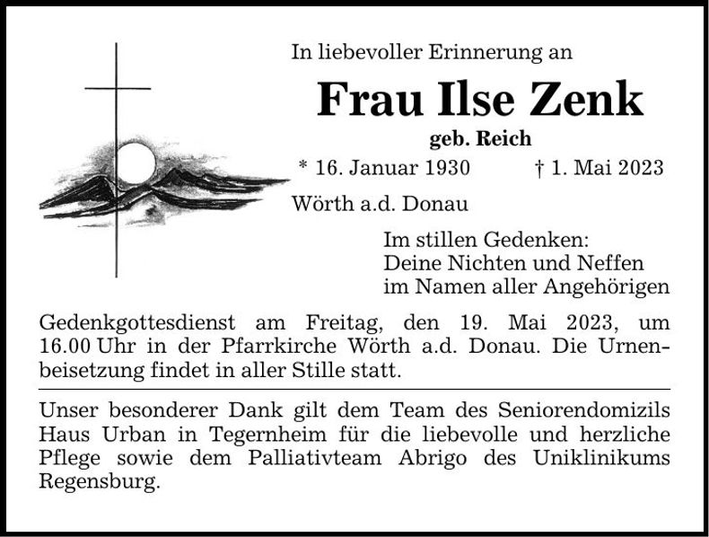 Traueranzeige Ilse Zenk