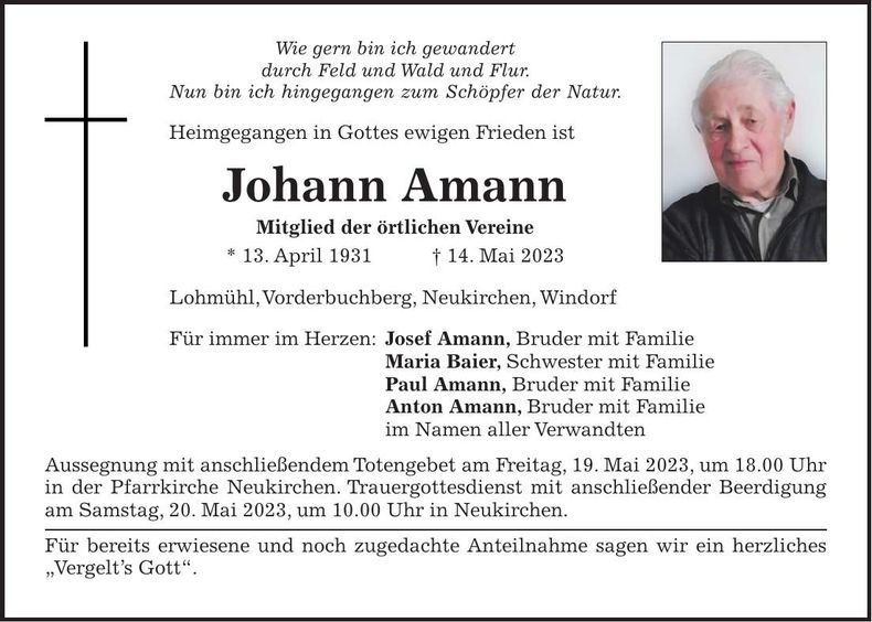 Traueranzeige Johann Amann