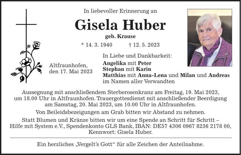 Traueranzeige Gisela Huber