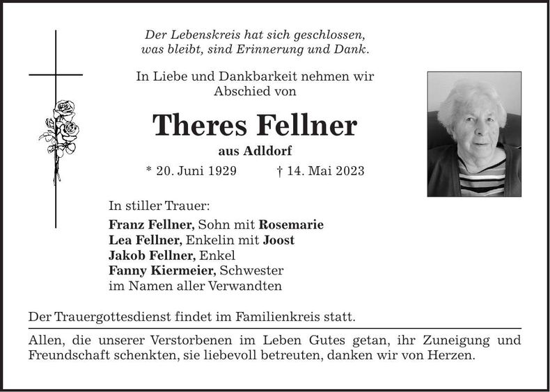 Traueranzeige Theres Fellner
