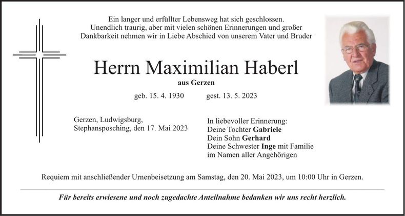 Traueranzeige Maximilian Haberl