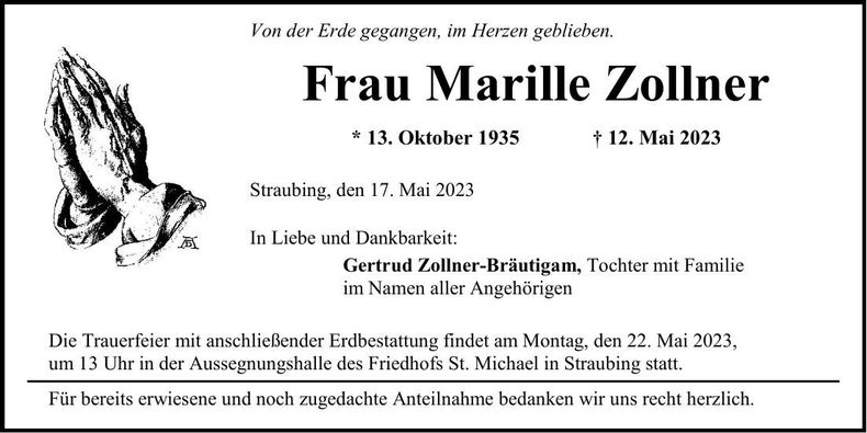Traueranzeige Marille Zollner