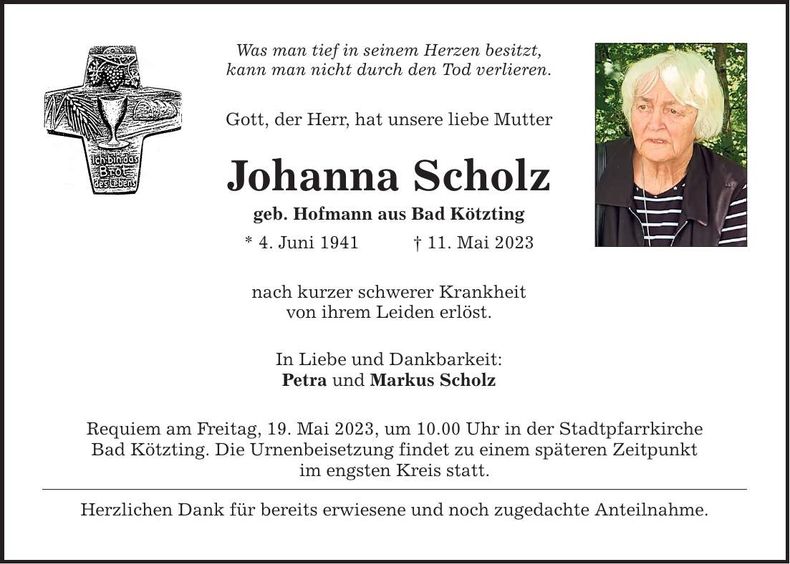 Traueranzeige Johanna Scholz