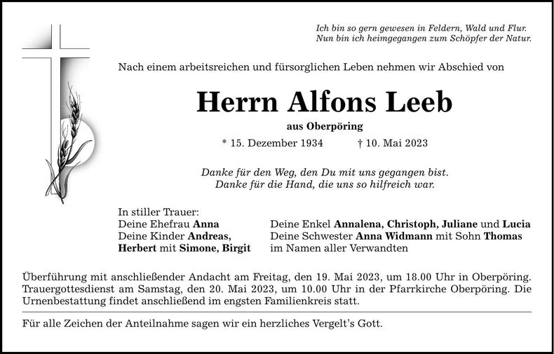 Traueranzeige Alfons Leeb