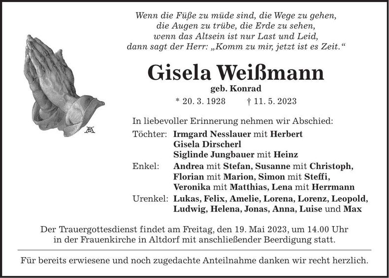 Traueranzeige Gisela Weißmann