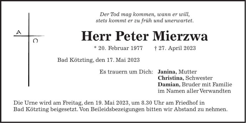 Traueranzeige Peter Mierzwa