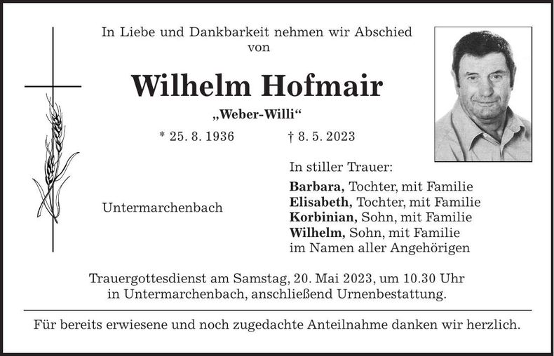 Traueranzeige Wilhelm Hofmair