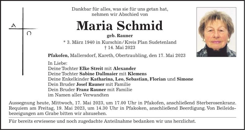 Traueranzeige Maria Schmid