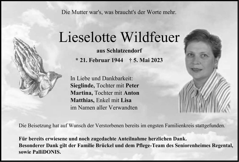 Traueranzeige Lieselotte Wildfeuer
