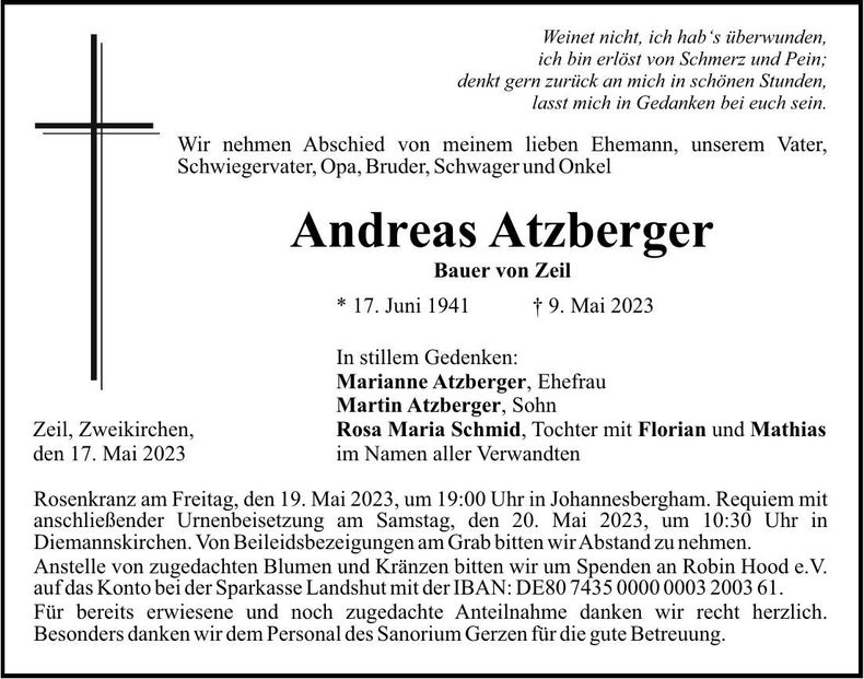 Traueranzeige Andreas Atzberger