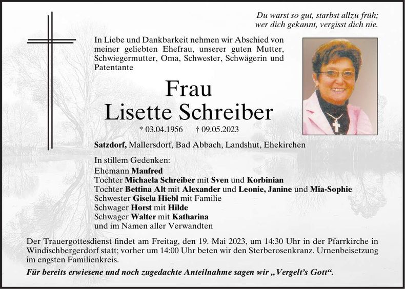 Traueranzeige Lisette Schreiber