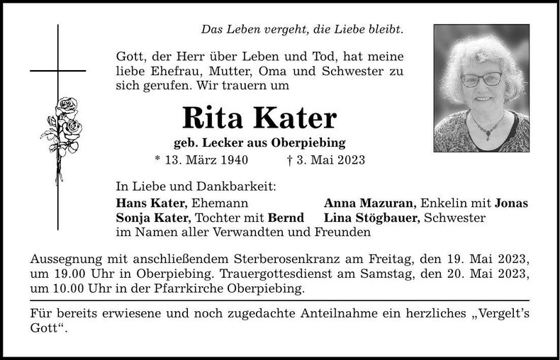 Traueranzeige Rita Kater
