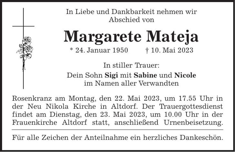Traueranzeige Margarete Mateja