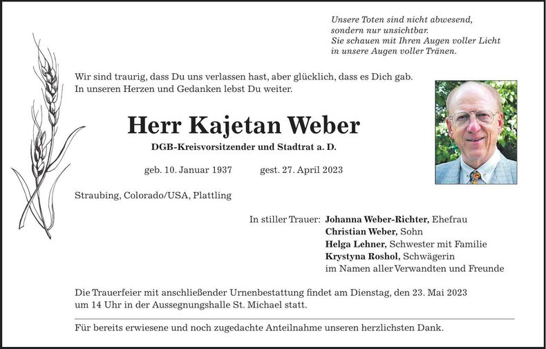 Traueranzeige Kajetan Weber