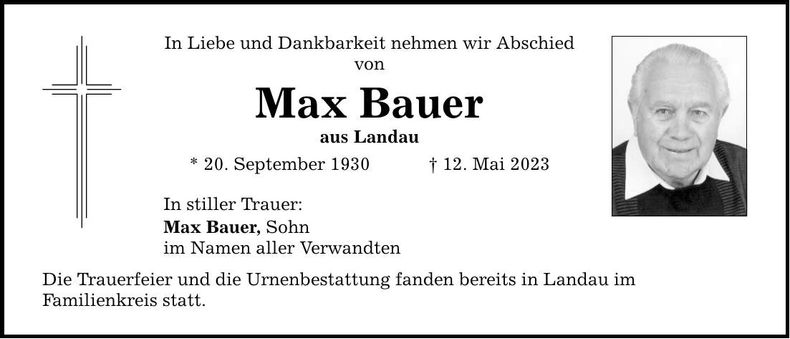 Traueranzeige Max Bauer
