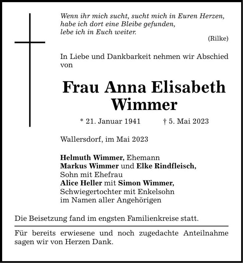 Traueranzeige Anna Elisabeth Wimmer