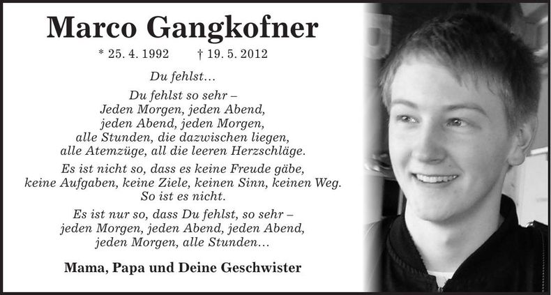 Traueranzeige Gangkofner Marco