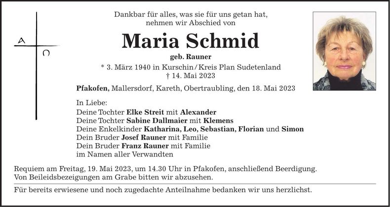 Traueranzeige Maria Schmid