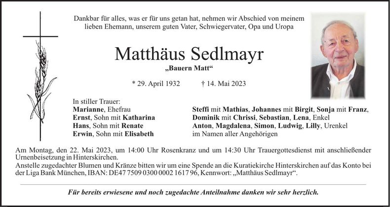 Traueranzeige Matthäus Sedlmayr