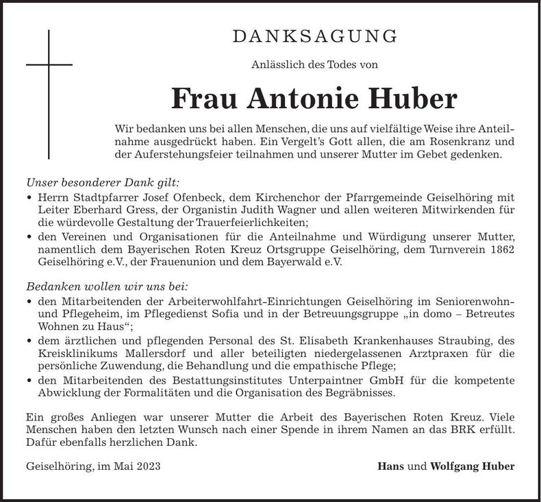 Traueranzeige Antonie Huber