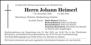 Traueranzeige Johann Heimerl