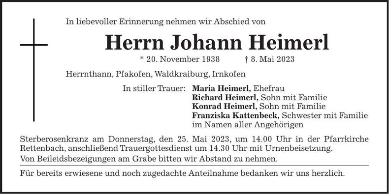 Traueranzeige Johann Heimerl