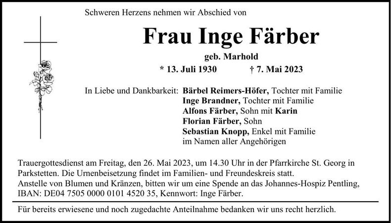 Traueranzeige Inge Färber