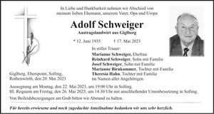 Traueranzeige Adolf Schweiger