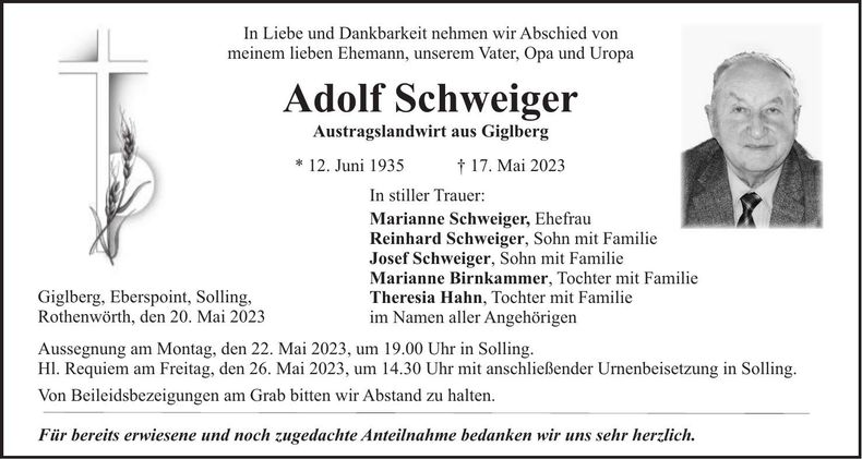 Traueranzeige Adolf Schweiger