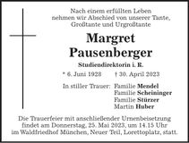 Traueranzeige Margret Pausenberger