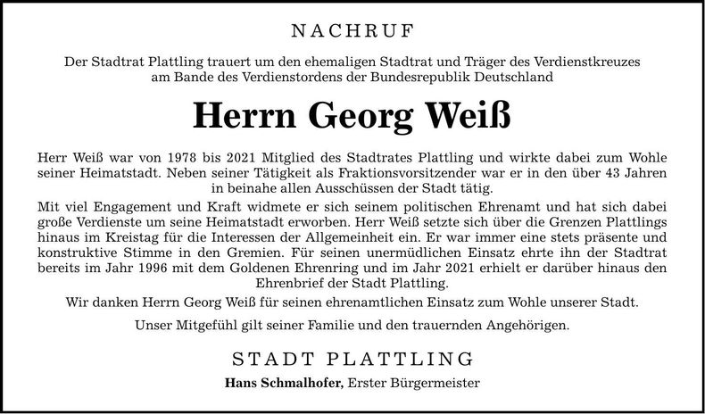 Traueranzeige Georg Weiß
