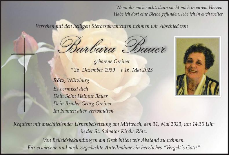 Traueranzeige Barbara Bauer