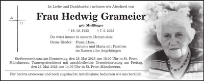 Traueranzeige Hedwig Grameier