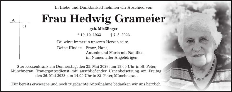 Traueranzeige Hedwig Grameier