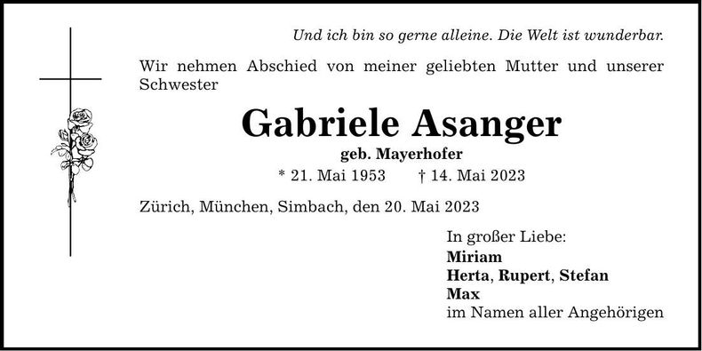 Traueranzeige Gabriele Asanger