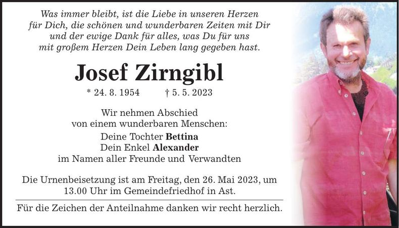Traueranzeige Josef Zirngibl